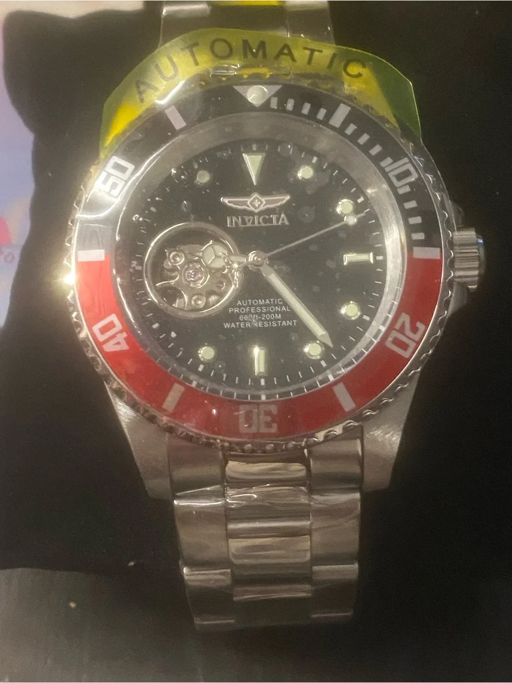 New Invicta Men's Automatic Black Dial Stainless Steel Watch with Red Bezel